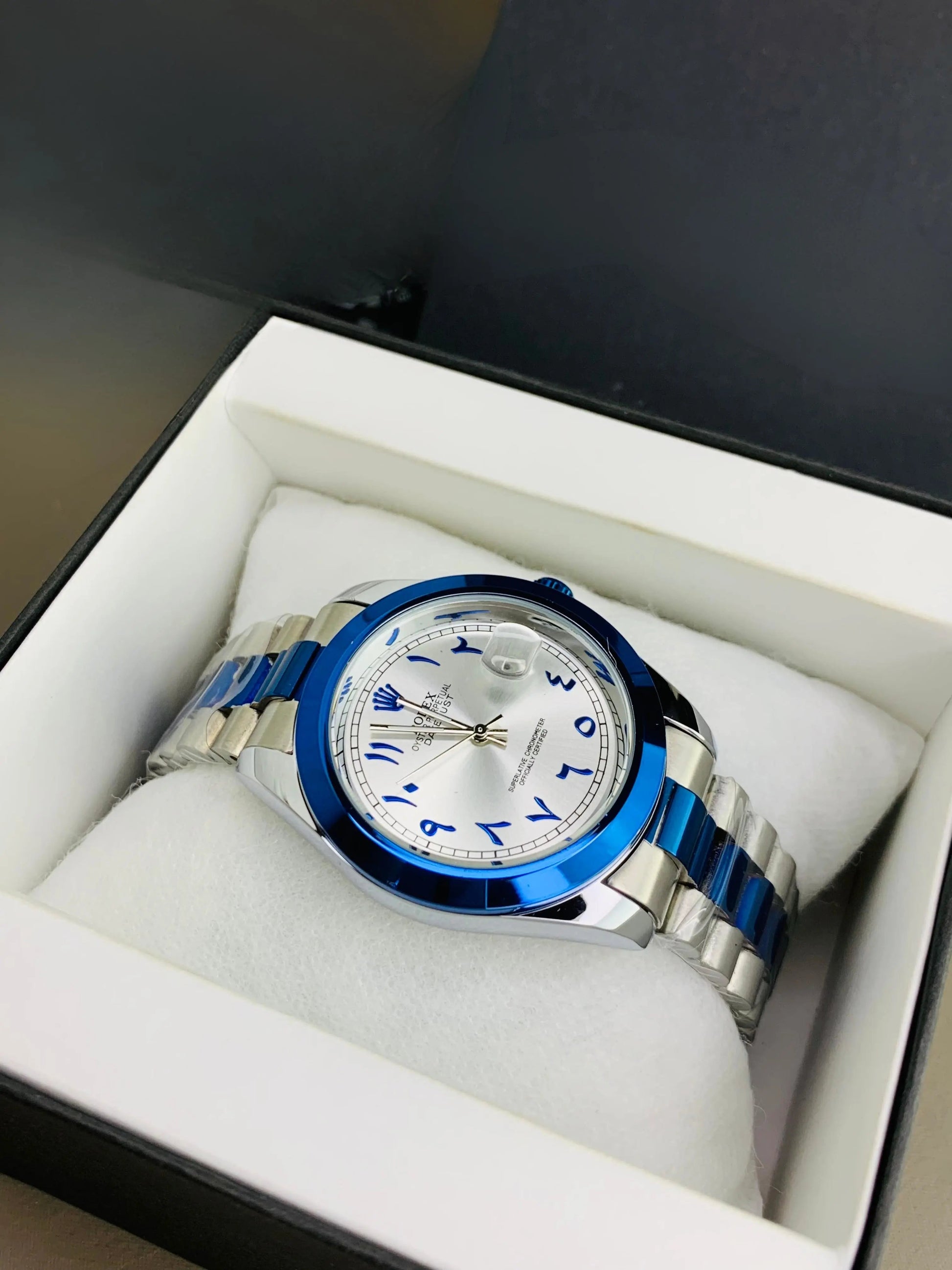 Rolex Blue Arabic Executive Edition – Two-Tone Dial with Bold Chain Build Four Tick