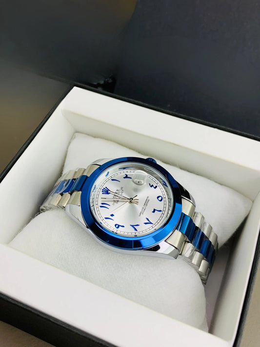 Rolex Blue Arabic Executive Edition – Two-Tone Dial with Bold Chain Build Four Tick